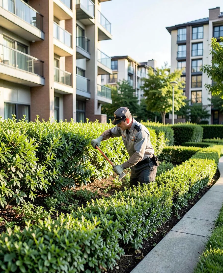Profissional de jardinagem em área verde do condomínio